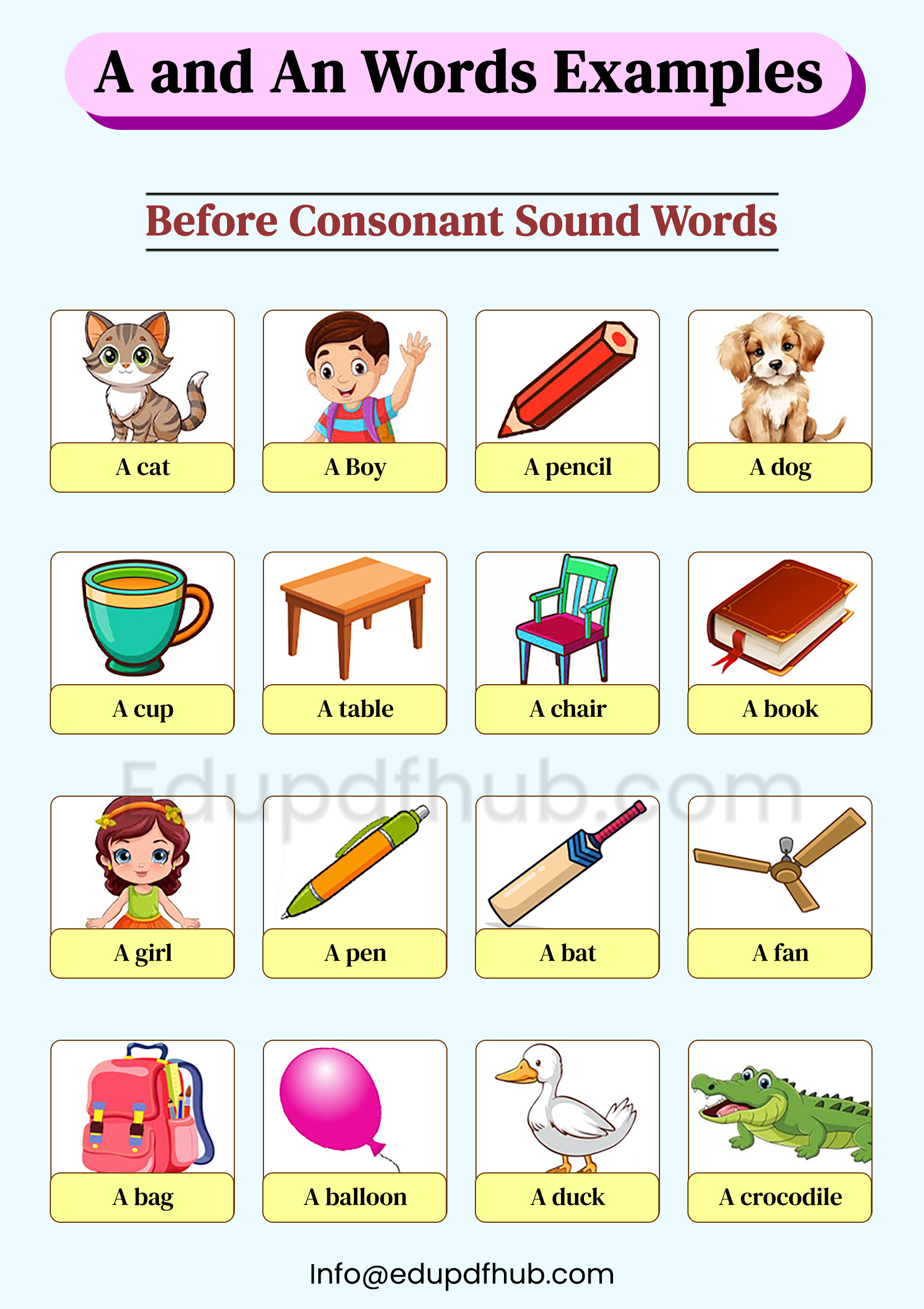 A and An Words Examples Printable PDF Download for Kids